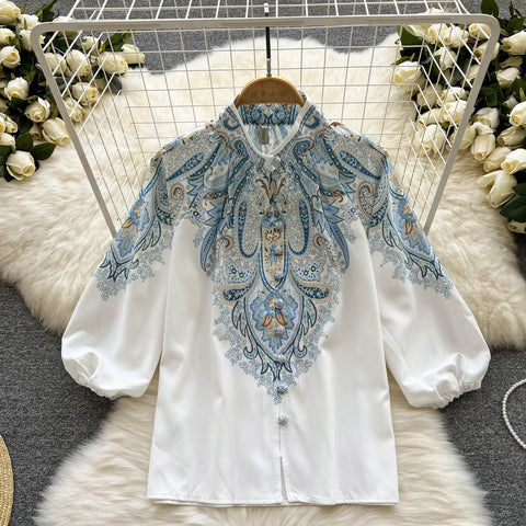 New Long Lantern Sleeve Single Breasted Print Shirt + Wide Leg Shorts Two Piece Set CODE: KAR1507
