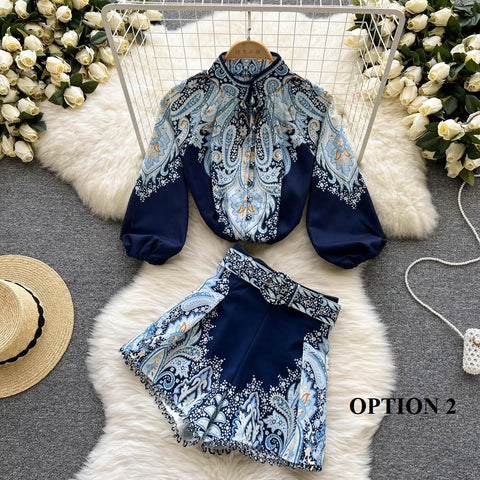 New Long Lantern Sleeve Single Breasted Print Shirt + Wide Leg Shorts Two Piece Set CODE: KAR1507