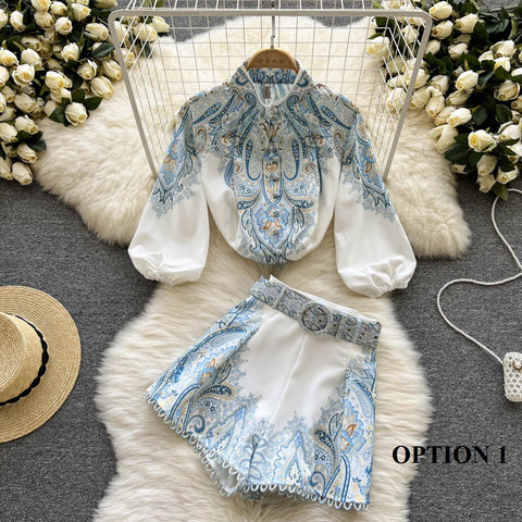 New Long Lantern Sleeve Single Breasted Print Shirt + Wide Leg Shorts Two Piece Set CODE: KAR1507