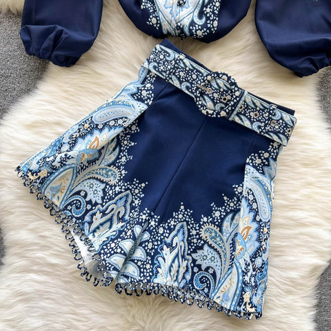 New Long Lantern Sleeve Single Breasted Print Shirt + Wide Leg Shorts Two Piece Set CODE: KAR1507