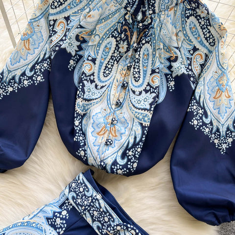 New Long Lantern Sleeve Single Breasted Print Shirt + Wide Leg Shorts Two Piece Set CODE: KAR1507