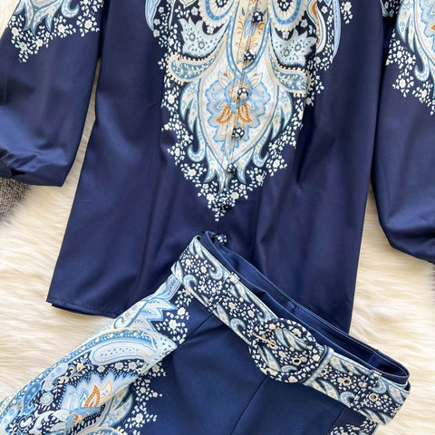 New Long Lantern Sleeve Single Breasted Print Shirt + Wide Leg Shorts Two Piece Set CODE: KAR1507