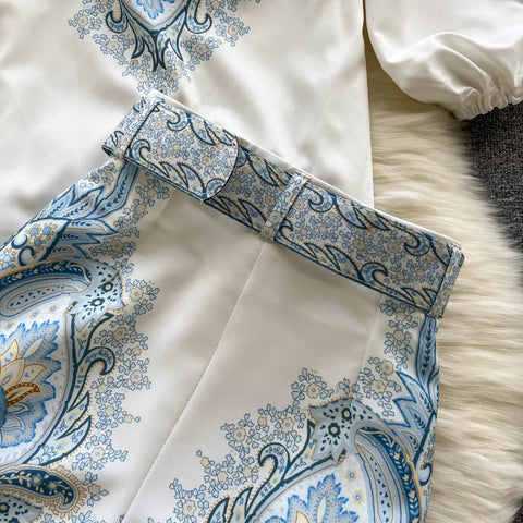 New Long Lantern Sleeve Single Breasted Print Shirt + Wide Leg Shorts Two Piece Set CODE: KAR1507