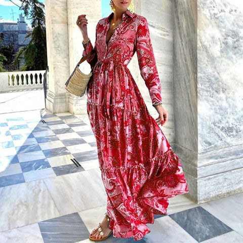 Summer Loose Boho Sexy Turn-down Collar Button Long Floral Print Pleated Maxi Shirt Dress CODE: KAR1512