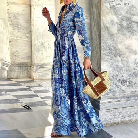 Summer Loose Boho Sexy Turn-down Collar Button Long Floral Print Pleated Maxi Shirt Dress CODE: KAR1512