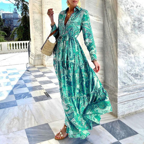 Summer Loose Boho Sexy Turn-down Collar Button Long Floral Print Pleated Maxi Shirt Dress CODE: KAR1512