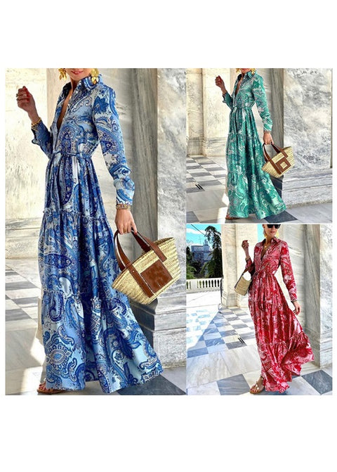Summer Loose Boho Sexy Turn-down Collar Button Long Floral Print Pleated Maxi Shirt Dress CODE: KAR1512