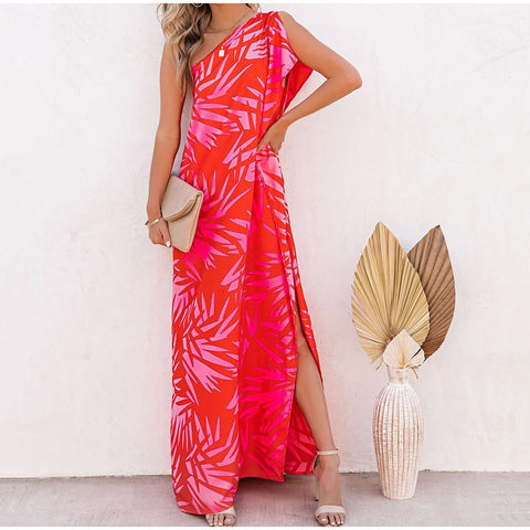 Summer Fashion Elegant  One Open Shoulder Skew-Collar Asymmetrical Flower Printed Dress CODE: KAR1513