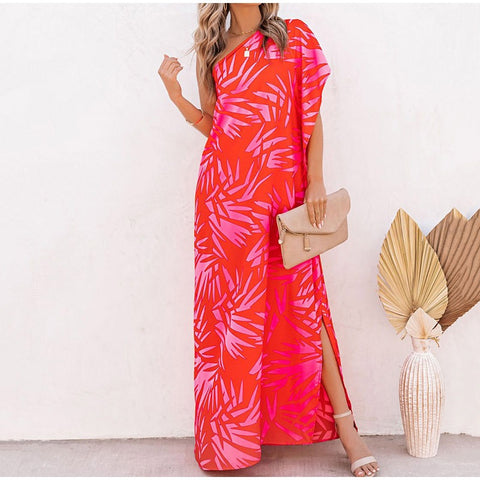 Summer Fashion Elegant  One Open Shoulder Skew-Collar Asymmetrical Flower Printed Dress CODE: KAR1513