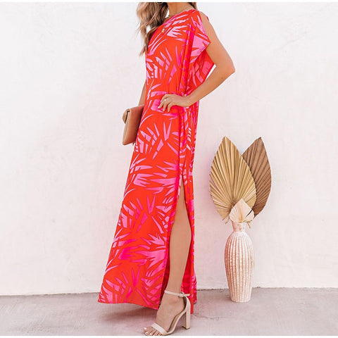 Summer Fashion Elegant  One Open Shoulder Skew-Collar Asymmetrical Flower Printed Dress CODE: KAR1513