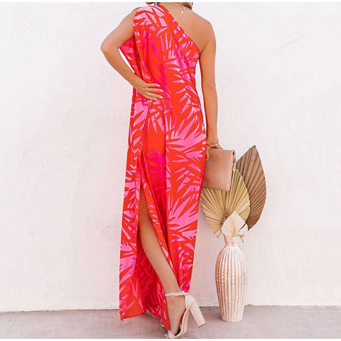 Summer Fashion Elegant  One Open Shoulder Skew-Collar Asymmetrical Flower Printed Dress CODE: KAR1513