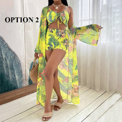 New  Long Sleeve Cover Up Print Beach Wear High Waist Shorts 3 Piece Bikini Set Bandage Swimsuit CODE: KAR1515