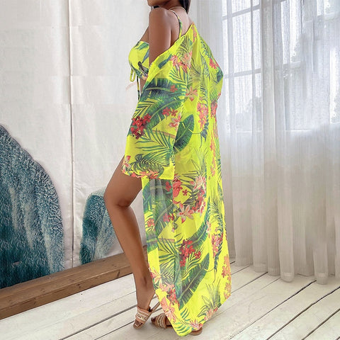 New  Long Sleeve Cover Up Print Beach Wear High Waist Shorts 3 Piece Bikini Set Bandage Swimsuit CODE: KAR1515