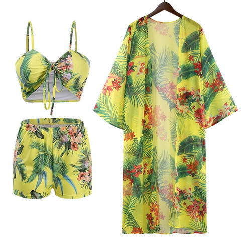 New  Long Sleeve Cover Up Print Beach Wear High Waist Shorts 3 Piece Bikini Set Bandage Swimsuit CODE: KAR1515