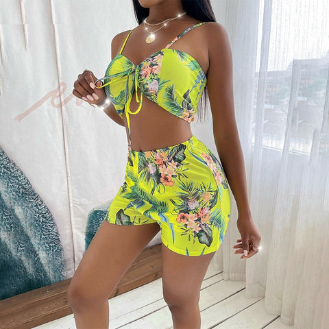 New  Long Sleeve Cover Up Print Beach Wear High Waist Shorts 3 Piece Bikini Set Bandage Swimsuit CODE: KAR1515