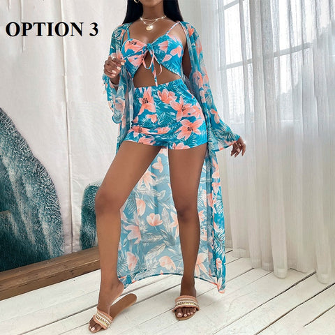 New  Long Sleeve Cover Up Print Beach Wear High Waist Shorts 3 Piece Bikini Set Bandage Swimsuit CODE: KAR1515