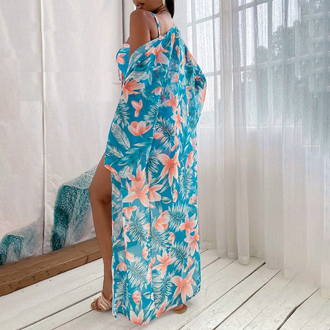 New  Long Sleeve Cover Up Print Beach Wear High Waist Shorts 3 Piece Bikini Set Bandage Swimsuit CODE: KAR1515