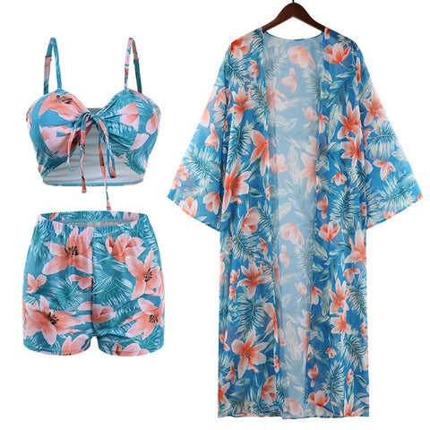 New  Long Sleeve Cover Up Print Beach Wear High Waist Shorts 3 Piece Bikini Set Bandage Swimsuit CODE: KAR1515
