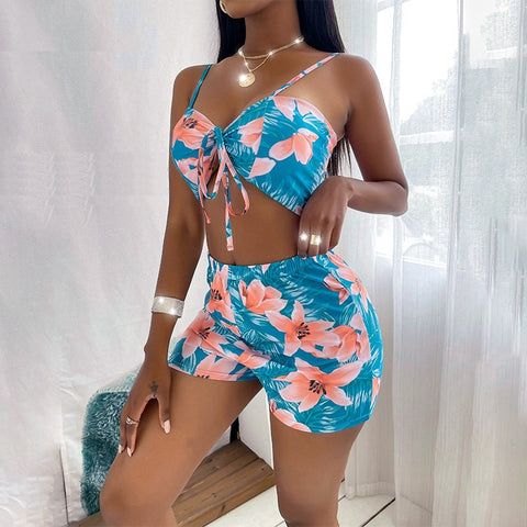 New  Long Sleeve Cover Up Print Beach Wear High Waist Shorts 3 Piece Bikini Set Bandage Swimsuit CODE: KAR1515