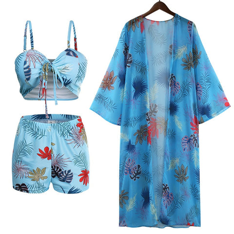 New  Long Sleeve Cover Up Print Beach Wear High Waist Shorts 3 Piece Bikini Set Bandage Swimsuit CODE: KAR1515