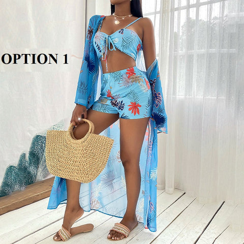New  Long Sleeve Cover Up Print Beach Wear High Waist Shorts 3 Piece Bikini Set Bandage Swimsuit CODE: KAR1515