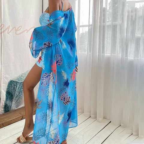 New  Long Sleeve Cover Up Print Beach Wear High Waist Shorts 3 Piece Bikini Set Bandage Swimsuit CODE: KAR1515