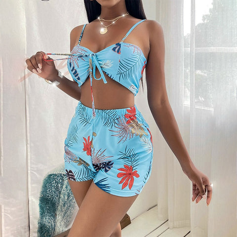 New  Long Sleeve Cover Up Print Beach Wear High Waist Shorts 3 Piece Bikini Set Bandage Swimsuit CODE: KAR1515