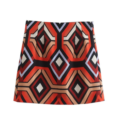 New Fashion Geometric Print  High Waist Short Elegant Vintage Skirt CODE: KAR1522