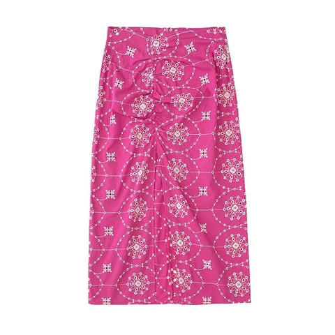 New Fashion With Embroidery Hollow Out Cropped Corset Straight Pleated Slit Zipper Skirt Sexy Two Piece Set CODE: KAR1524