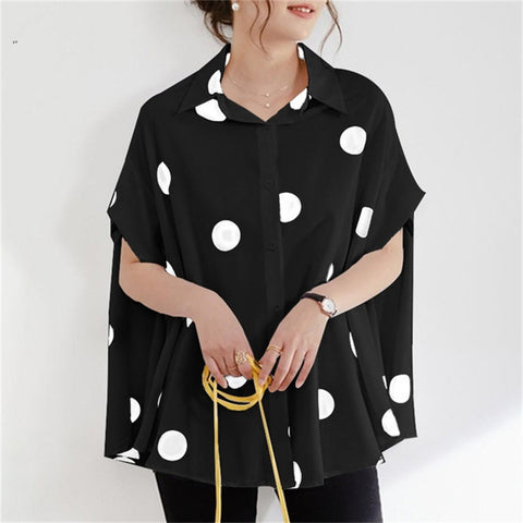 Summer New Printed Polka Dot Loose Casual Front Breasted Short Sleeve Oversized Boho Lapel Shirt CODE: KAR1526
