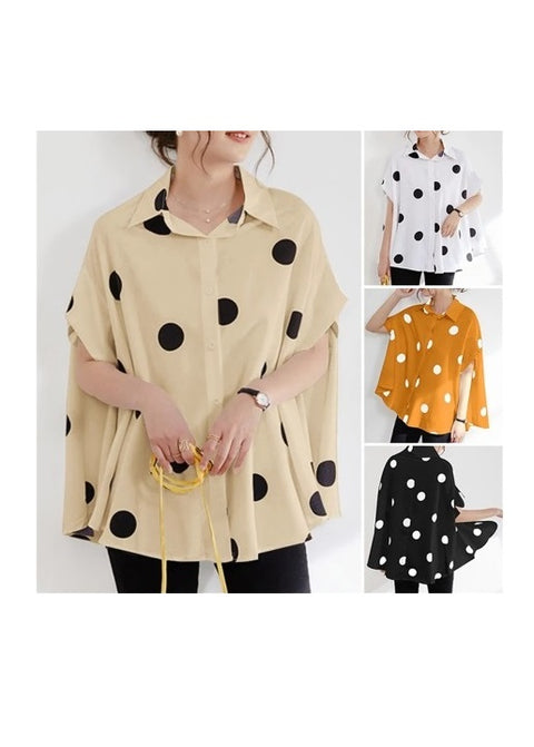 Summer New Printed Polka Dot Loose Casual Front Breasted Short Sleeve Oversized Boho Lapel Shirt CODE: KAR1526