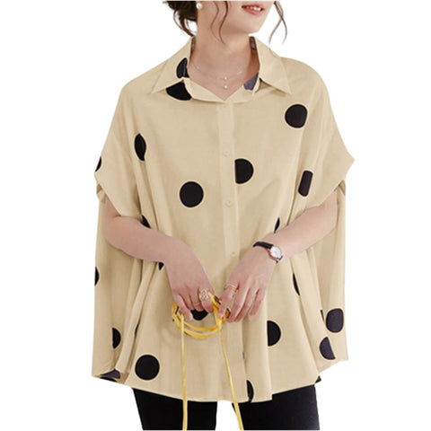 Summer New Printed Polka Dot Loose Casual Front Breasted Short Sleeve Oversized Boho Lapel Shirt CODE: KAR1526
