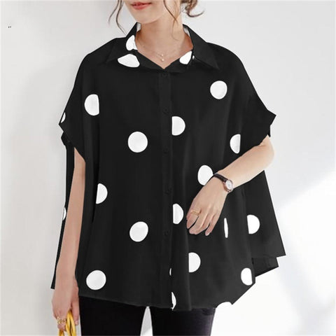 Summer New Printed Polka Dot Loose Casual Front Breasted Short Sleeve Oversized Boho Lapel Shirt CODE: KAR1526