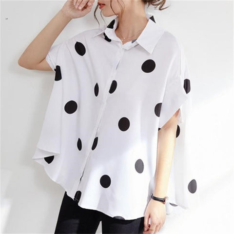 Summer New Printed Polka Dot Loose Casual Front Breasted Short Sleeve Oversized Boho Lapel Shirt CODE: KAR1526