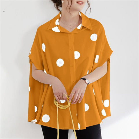 Summer New Printed Polka Dot Loose Casual Front Breasted Short Sleeve Oversized Boho Lapel Shirt CODE: KAR1526