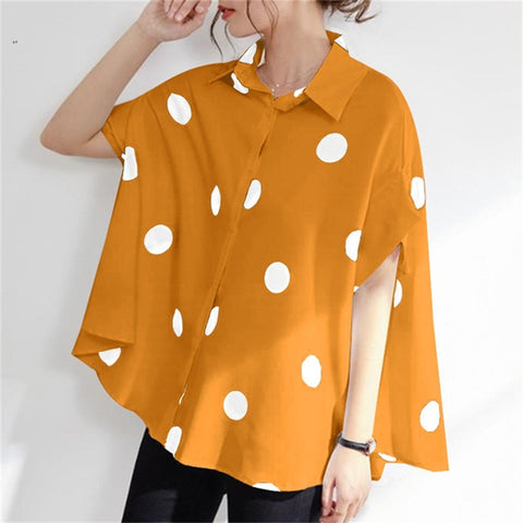 Summer New Printed Polka Dot Loose Casual Front Breasted Short Sleeve Oversized Boho Lapel Shirt CODE: KAR1526