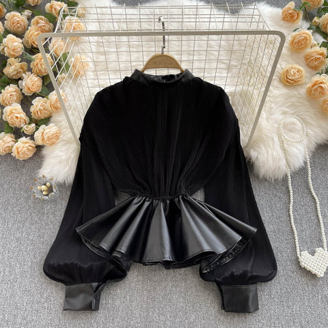 New Fashion Stand-up Collar Waist All-match Leather Short Shirt CODE: KAR1527