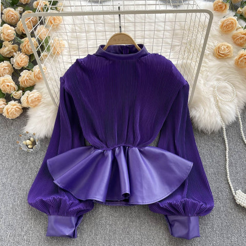 New Fashion Stand-up Collar Waist All-match Leather Short Shirt CODE: KAR1527