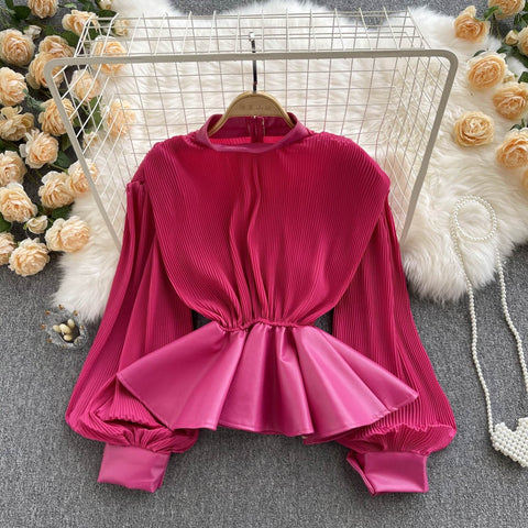 New Fashion Stand-up Collar Waist All-match Leather Short Shirt CODE: KAR1527
