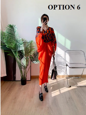 New Bat Sleeve V-neck Long Loose Elegant Causal Pleated Leopard Printed Dress CODE: KAR1533