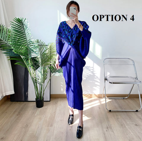 New Bat Sleeve V-neck Long Loose Elegant Causal Pleated Leopard Printed Dress CODE: KAR1533