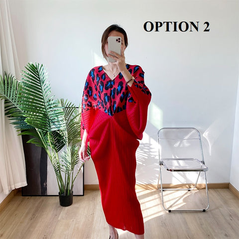 New Bat Sleeve V-neck Long Loose Elegant Causal Pleated Leopard Printed Dress CODE: KAR1533