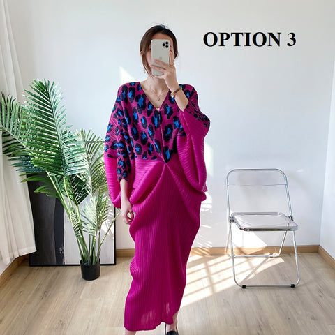 New Bat Sleeve V-neck Long Loose Elegant Causal Pleated Leopard Printed Dress CODE: KAR1533