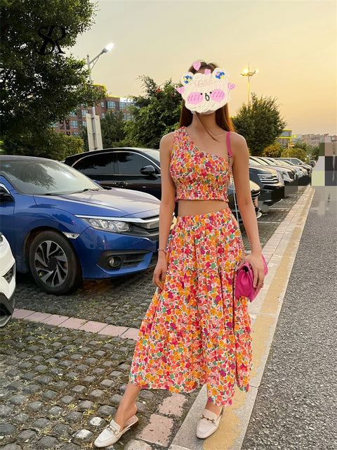 Sexy Tank Top+ Long Print Long Skirt Elastic Waist Two Piece Set CODE: KAR1536