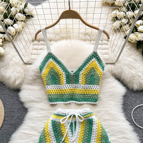 Summer New V Neck Strap Top+ Wide Legs Shorts Two Piece Sets CODE: KAR1538