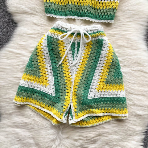 Summer New V Neck Strap Top+ Wide Legs Shorts Two Piece Sets CODE: KAR1538