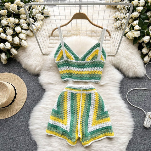 Summer New V Neck Strap Top+ Wide Legs Shorts Two Piece Sets CODE: KAR1538