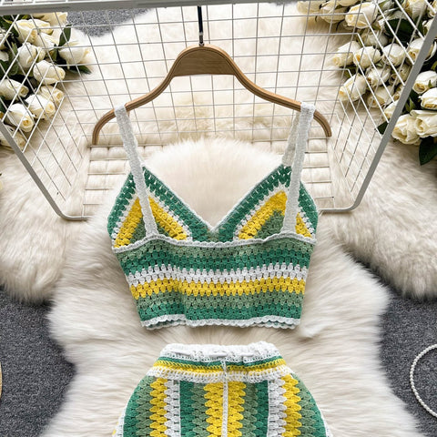 Summer New V Neck Strap Top+ Wide Legs Shorts Two Piece Sets CODE: KAR1538