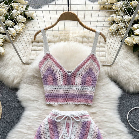 Summer New V Neck Strap Top+ Wide Legs Shorts Two Piece Sets CODE: KAR1538