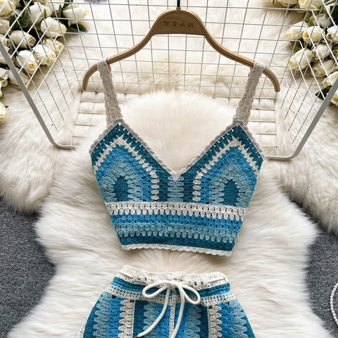 Summer New V Neck Strap Top+ Wide Legs Shorts Two Piece Sets CODE: KAR1538
